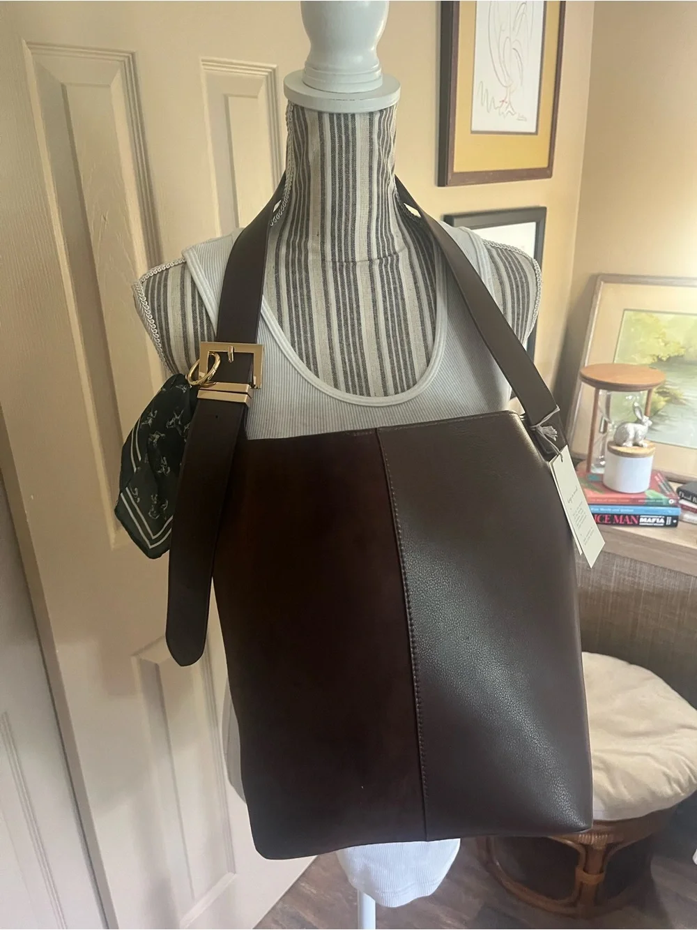 Tote Vegan leather & suede tote w/ removable charm adjustable buckle strap NWT